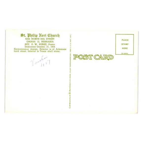 St Philip Neri Church Postcard Omaha Nebraska Vintage 1957 Religious Building - Picture 2 of 2